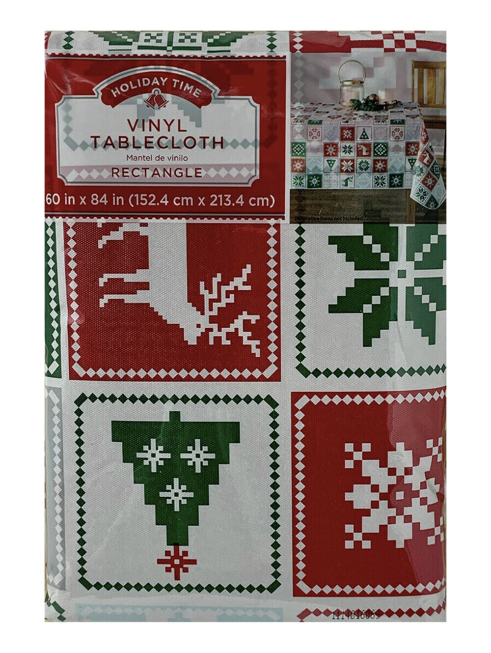 HOLIDAY TIME Vinyl Tablecloth Rectangle NIP 60x84 in HOLIDAY TILE Snowflake Deer